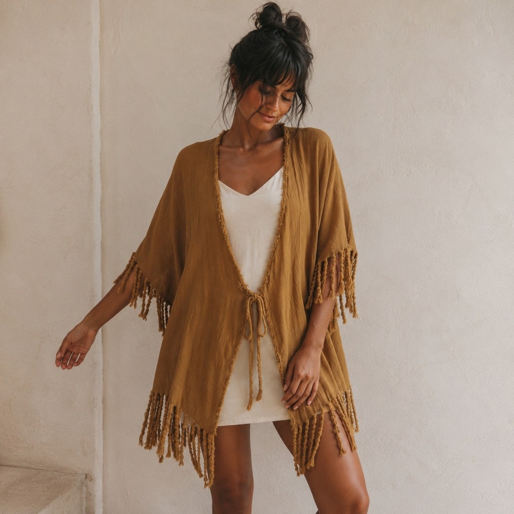 Caravana Womens Cover Up OS Mustard Yellow Fringed Tie-Front Gauze Boho Festival